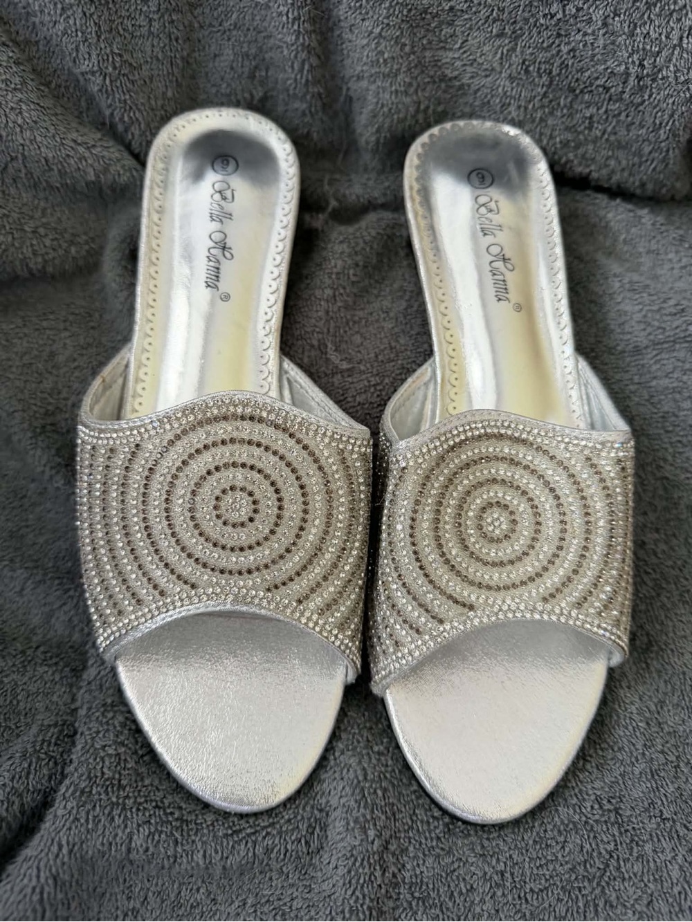Silver Slide Sandals with Beaded Concentric Design - Women's